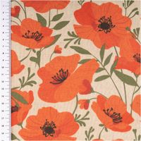 Vorhangstoff Leinenoptik Mohnblumen natur rot 1,40m Breite Detailaufnahme von Baumwollstoff mit orangen Mohnblumen auf cremefarbenem Hintergrund, mit Meterstab links.