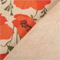Vorhangstoff Leinenoptik Mohnblumen natur rot 1,40m Breite Detailaufnahme des Stoffmusters mit rotem Mohnblumenmotiv und Rueckseite in natuerlichem Beige mit feiner Struktur.