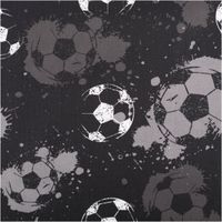 Baumwollstoff Webware Fußbälle schwarz grau von Swafing 1,47m Breite Stoff mit schwarz-weißen Fußballmotiven und Spritzmustern, Gesamtansicht der Musterwiederholung.