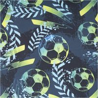 Baumwollstoff Webware Fußbälle dunkelblau grün von Swafing 1,47m Breite Stoff mit blau-grünem Fußballmuster, zeigt dynamisches Design mit Blitzen und Blättermotiv.