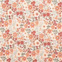 Jersey Stoff Rippjersey Baumwolle Blumen wollweiß orange grün 1,35m Breite Stoff mit buntem Blumenmuster in Orange-Tönen, Gesamtansicht der Musterwiederholung.
