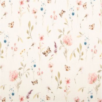 Jersey Stoff Rippjersey Baumwolle Blumen Schmetterlinge wollweiß rosa 1, 35m Breite Stoff mit Blumen- und Schmetterlingsmuster in sanften Pastellfarben auf cremefarbenem Hintergrund.