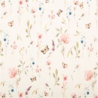 Jersey Stoff Rippjersey Baumwolle Blumen Schmetterlinge wollweiß rosa 1, 35m Breite Stoff mit Blumen- und Schmetterlingsmuster in sanften Pastellfarben auf cremefarbenem Hintergrund.