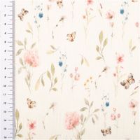 Jersey Stoff Rippjersey Baumwolle Blumen Schmetterlinge wollweiß rosa 1, 35m Breite Stoff mit floralen Mustern und Schmetterlingen vor hellem Hintergrund, mit Meterstab links im Bild.