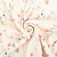 Jersey Stoff Rippjersey Baumwolle Blumen Schmetterlinge wollweiß rosa 1, 35m Breite Detailaufnahme des Blumenstoffs in Creme mit zarten pinken Blüten und Drehmuster.