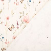 Jersey Stoff Rippjersey Baumwolle Blumen Schmetterlinge wollweiß rosa 1, 35m Breite Vorder- und Rueckseite eines Blümchenstoffs mit Schmetterlingsmuster in sanften Farben.