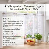 Scheibengardinen Meterware nähfrei Organza Stickerei abstrakt weiß beige grau 30cm Höhe Scheibengardine mit abstrakter Stickerei in Weiss, halbtransparent am Fenster mit Pflanzen im Hintergrund.
