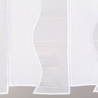 Scheibengardinen Meterware nähfrei Organza Stickerei abstrakt weiß beige grau 30cm Höhe Detailaufnahme eines transparenten Stoffs mit wellenförmigem Muster und gestickten Linien.
