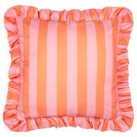 Outdoor Kissenhülle Palm Royale mit Streifen in Pink und Orange und Rüschenkante, 50x50cm