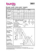 Burda Schnittmuster 5601 Damen Blazer – Packungsrückseite mit Schnittinformationen