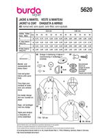 Burda Schnittmuster 5620 Damen Mantel & Jacke Burda Schnittmuster 5620 Damen Mantel & Jacke – Packungsrückseite mit Schnittinformationen