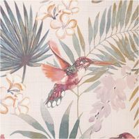 Stoff mit tropischem Design, Kolibri und Blumen in sanften Pastellfarben, Nahaufnahme der Details und Farben.