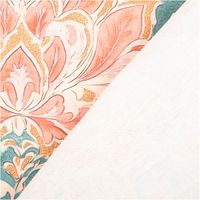 Stoffmuster mit floralem Motiv in Rosa und Blau, zeigt Vorder- und Rueckseite mit Detailansicht.