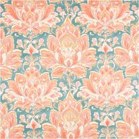 Baumwollstoff Dekostoff Halbpanama Digitaldruck Lalika Blumenornamente rosa petrol 1,40m Breite Stoff mit floralem Muster in Orange und Gruen, Gesamtansicht der ornamentalen Wiederholung.