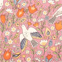 Baumwollstoff Dekostoff Halbpanama Digitaldruck Blumen Tauben rosa bunt 1, 40m Breite Stoff mit Taube-und-Blumen-Muster in kräftigen Farben auf rosa Hintergrund, zeigt Details der Illustration.