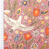 Baumwollstoff Dekostoff Halbpanama Digitaldruck Blumen Tauben rosa bunt 1, 40m Breite Baumwollstoff mit Vogel- und Blumenmuster auf rosa Hintergrund, Gesamtansicht mit Meterstab links.