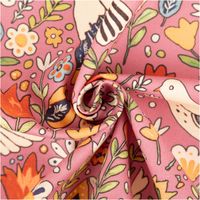 Baumwollstoff Dekostoff Halbpanama Digitaldruck Blumen Tauben rosa bunt 1, 40m Breite Blumenstoff mit Vogel- und Blattmotiven in Rosa-Gruen kraus gedreht zeigt Details und Farbintensitaet.