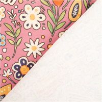 Baumwollstoff Dekostoff Halbpanama Digitaldruck Blumen Tauben rosa bunt 1, 40m Breite Blumenstoff auf rosa Hintergrund mit Rueckseite in Weiss zeigt feine Textur.