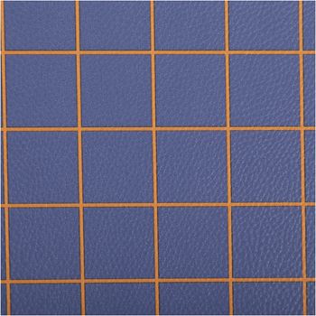 Kunstleder Happy Collection Karos dunkelblau ocker von Cherry Picking by Swafing Detailaufnahme eines blauen Stoffes mit orangefarbenem Karomuster und klaren Linien.