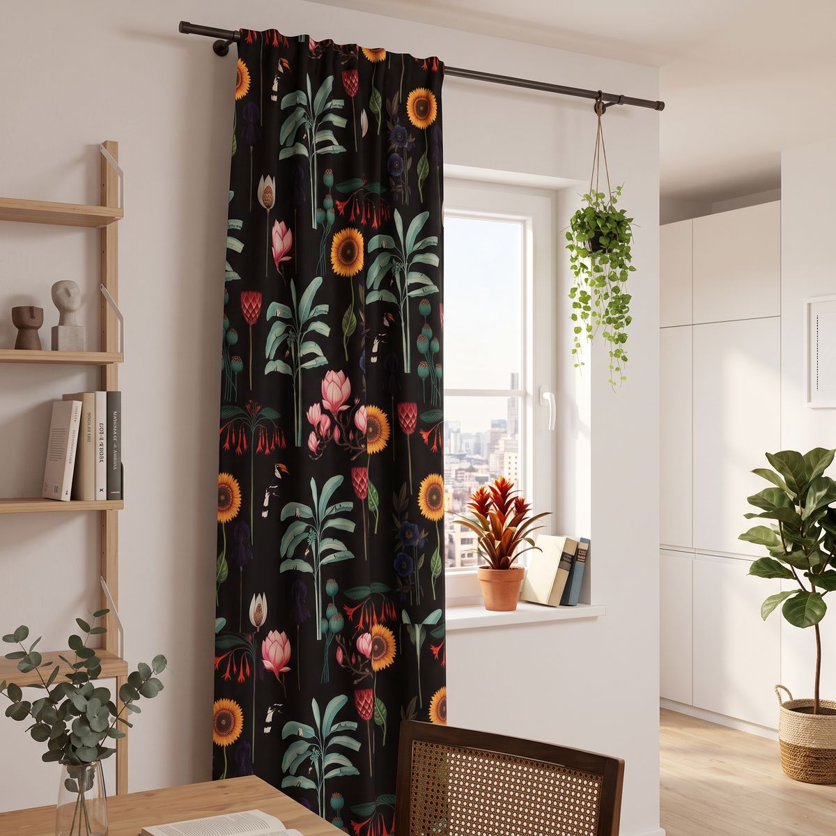 Vorhang mit tropischem Blumenmuster in intensiven Farben, haengend vor Fenster im Wohnzimmer.