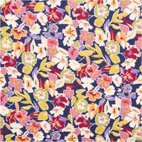 Viskose Stoff Webware Julia kleine Blumen bunt nachtblau von Swafing Bunter Baumwollstoff mit floralem Muster in Rot, Gruen und Lila auf dunkelblauem Hintergrund.