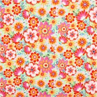 Stoff mit buntem Blumenmuster auf hellgrünem Untergrund, Gesamtansicht der Musterwiederholung.