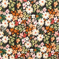 Stoff mit lebendigem Blumenmuster in Rosa, Orange und Weiss auf schwarzem Hintergrund.