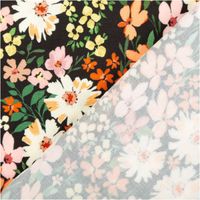 Stoff mit bunter Blumenmusterung, Vorder- und Rueckseite im Vergleich, zeigt Detail und Textur.