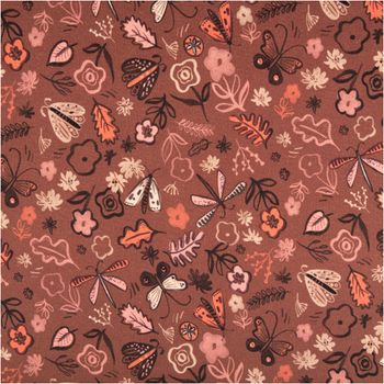 Sweatstoff aus Baumwolle Blumen Schmetterlinge Digitaldruck braun 1,48m Breite Stoff mit Schmetterlings- und Blumenmuster in warmen Farbtönen, Gesamtansicht der Designwiederholung.