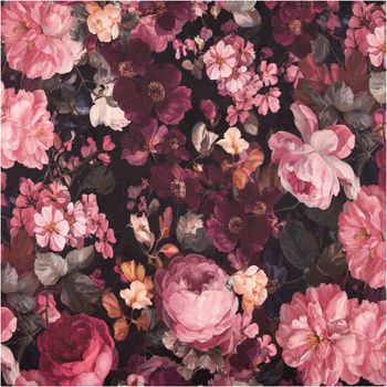 Sweatstoff aus Baumwolle Blüten Digitaldruck schwarz 1,48m Breite Stoff mit dichtem Blumenmuster in Rosa- und Burgundtoenen auf dunklem Hintergrund, Gesamtansicht der Motive.