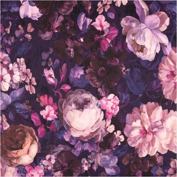 Sweatstoff aus Baumwolle Blüten Digitaldruck marine 1,48m Breite Vielseitiges Blumendesign auf dunklem Hintergrund mit leuchtenden, kontrastreichen Farben in Nahaufnahme.