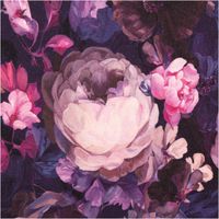 Sweatstoff aus Baumwolle Blüten Digitaldruck marine 1,48m Breite Nahaufnahme eines floralen Gemäldemusters mit großen Blüten in Violett- und Rosatönen.