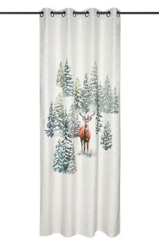 Ösenvorhang mit Hirsch im verschneiten Tannenwald, Aquarelldruck natur grün, 140x240 cm, an der Stange Ösenvorhang mit Hirsch im verschneiten Tannenwald, Aquarelldruck natur grün, 140x240 cm, an der Stange