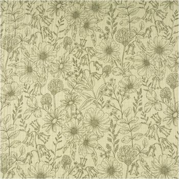 Musselin Stoff Baumwollstoff Blumen Blätter khaki grün 1,50m Breite Detailaufnahme floraler Stoff mit detailliertem Blumenmuster in Gruentoenen auf beige Hintergrund.