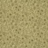 Flach ausgebreiteter Musselin, khaki grüner Grund mit dichtem Muster aus gezeichneten Wiesenblumen und Blättern Flach ausgebreiteter Musselin, khaki grüner Grund mit dichtem Muster aus gezeichneten Wiesenblumen und Blättern