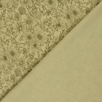 Musselin diagonal umgeschlagen: links die bedruckte Blumenseite, rechts die einfarbig khaki grüne Rückseite Musselin diagonal umgeschlagen: links die bedruckte Blumenseite, rechts die einfarbig khaki grüne Rückseite