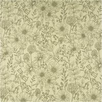 Musselin Stoff Baumwollstoff Blumen Blätter khaki grün 1,50m Breite Detailaufnahme floraler Stoff mit detailliertem Blumenmuster in Gruentoenen auf beige Hintergrund.