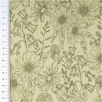 Musselin Stoff Baumwollstoff Blumen Blätter khaki grün 1,50m Breite Detailaufnahme des Blumenmusters auf beigem Stoff mit Meterstab an der Seite.