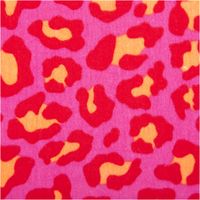95659-Musselin-Stoff-Leoparden-pink-orange-1-50m-Breite-95659-2.jpg Nahaufnahme des Musselin Stoffs mit pink-rotem Leopardenmuster und orangefarbenen Akzenten.