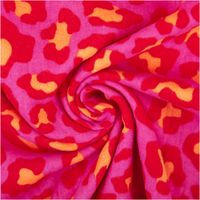 95659-Musselin-Stoff-Leoparden-pink-orange-1-50m-Breite-95659-4.jpg Weich drapierter Musselin Stoff mit Leopardenmuster in Pink, Rot und Orange.