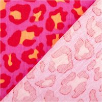 95659-Musselin-Stoff-Leoparden-pink-orange-1-50m-Breite-95659-5.jpg Vorder- und Rückseite des Musselin Stoffs mit pink-orangefarbenem Leopardenmuster im Detail.
