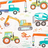 95661-Baumwollstoff-Popeline-Traktoren-Bagger-wollweiss-bunt-1-45m-Breite-95661-2.jpg Detailansicht der Popeline mit bunten Baufahrzeugen wie Bagger, Traktor, Kran und Betonmischer.