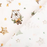 Weihnachtsstoff Baumwollstoff Popelin Allover Weihnachtsmotive creme 1,45m Breite Stoff mit Vogelhaus und Sternenmotiven in winterlichem Design