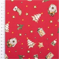 Weihnachtsstoff Baumwollstoff Popeline Allover Weihnachtsmotive rot 1,45m Breite Roter Stoff mit weihnachtlichen Motiven wie Stockings, Bäume und Laternen