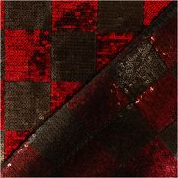 Paillettenstoff Karo Mesh Tüll Kostümstoff rot schwarz 1,25m Breite Detailansicht von rot und schwarz kariertem Meshstoff mit Pailletten, Ecke des Stoffs ist umgeschlagen