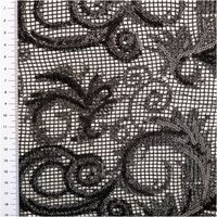 Paillettenstoff Ornamente Spitze silber schwarz 1,25m Breite schwarze Spitze mit silbernen Pailletten auf Netz, ornamentale Muster, Nahaufnahme mit Zentimeterskala