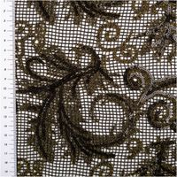 Paillettenstoff Ornamente Spitze gold schwarz 1,25m Breite schwarzer Netzstoff mit goldenen Pailletten und ornamentalen Stickereien, flach ausgebreitet mit Maßband links
