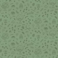 Dekostoff Halbpanama Waldmotive grün Dekostoff Halbpanama flach ausgebreitet, olivgrüner Grund mit gezeichneten Bäumen, Pilzen und Blättern.