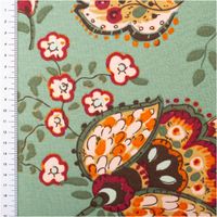 Gemustertes Stoffdesign mit Blumen auf grünem Hintergrund, Maßstab links.