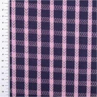 marineblauer und fliederfarbener Dobbystoff mit Karo-Muster, links Maßband, Detailaufnahme des Musters